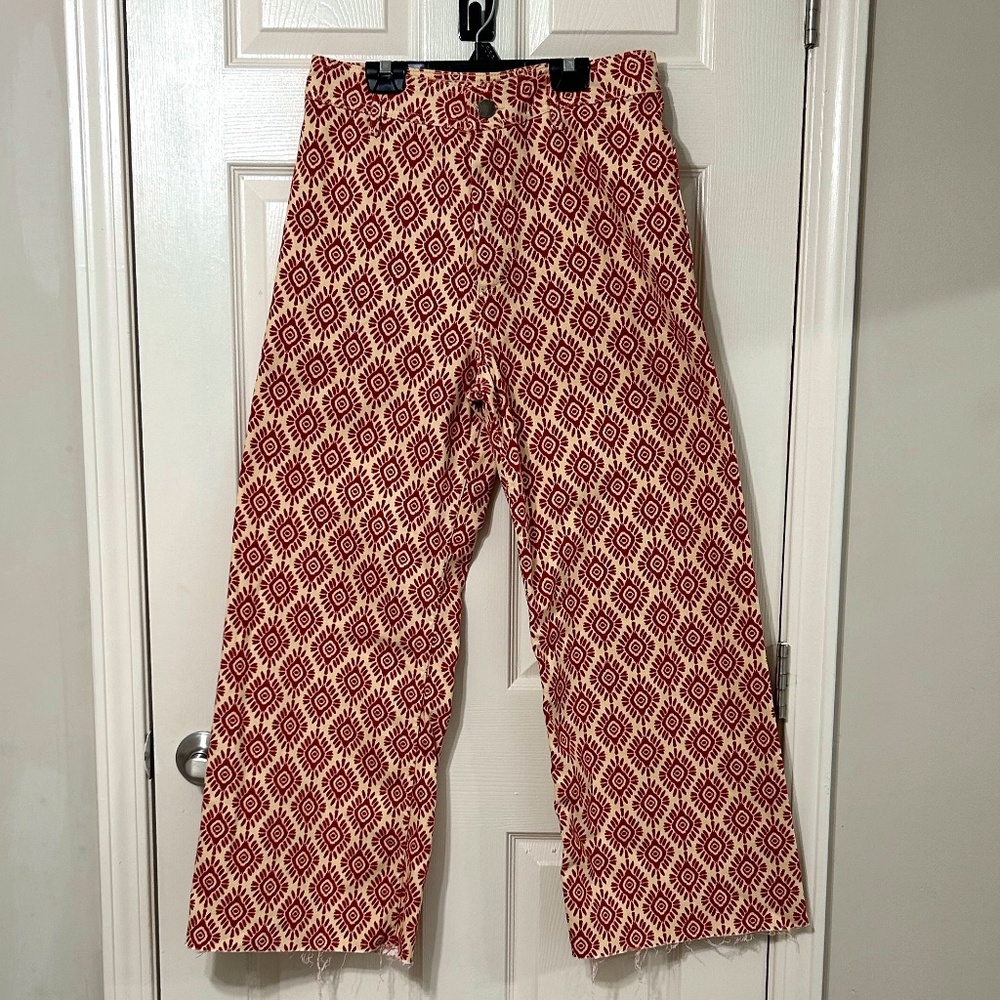 Zara Printed Jeans With Raw Edge Hem